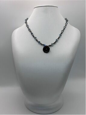 Vintage Necklace Blue Crystal Beaded Flower Pendant Silver Tone Jewelry